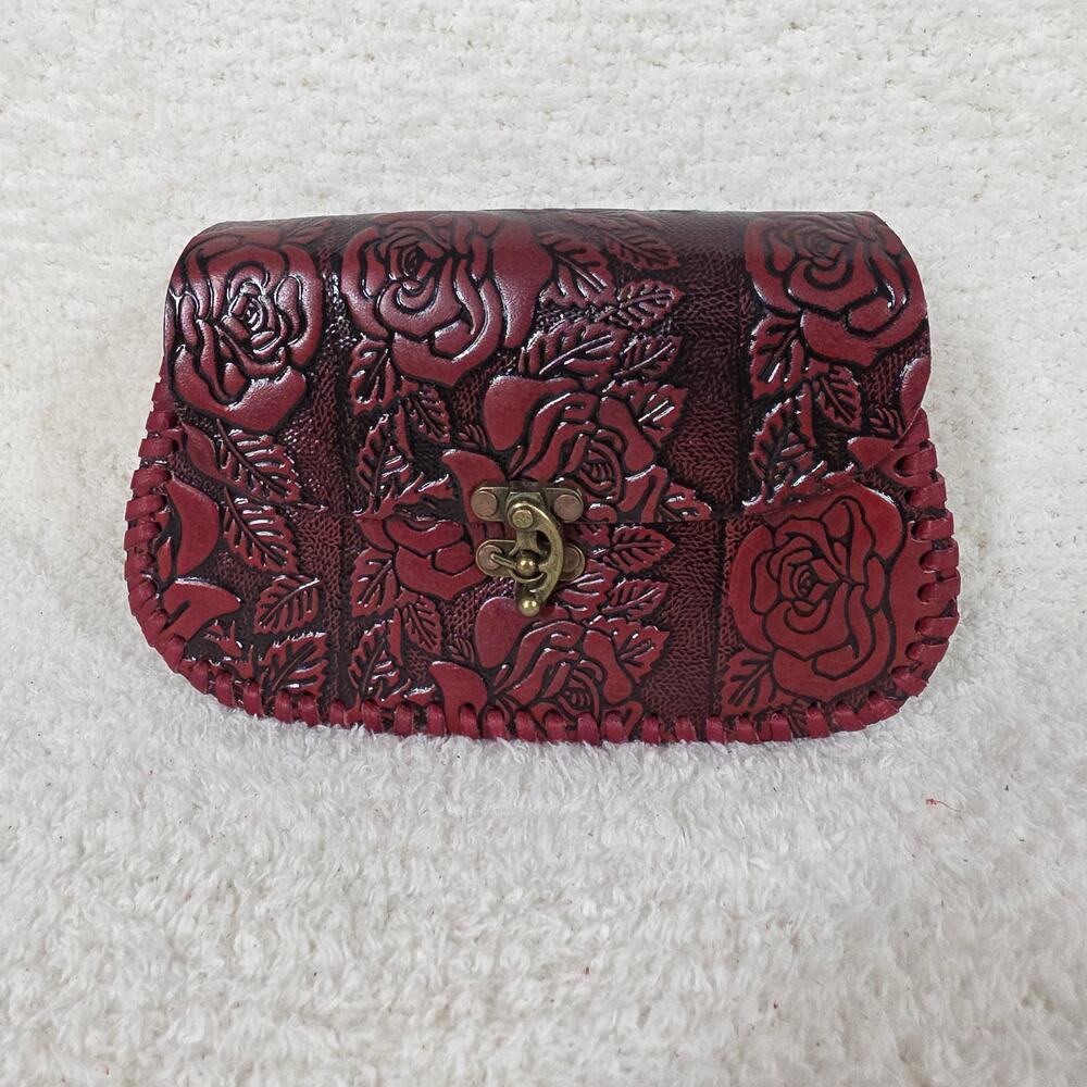 Mexican Hand-Tooled Roses Red Leather Crossbody Bag